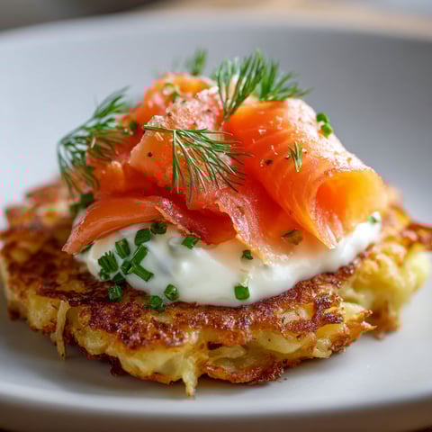 Assiette de pancakes moelleux aux pommes de terre avec tranche de saumon fumé et herbes fraîches.