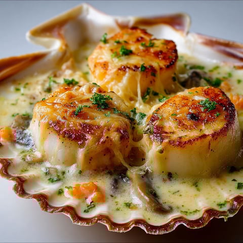 Coquilles Saint-Jacques dorées gratinées avec champignons et fromage fondant, ça donne envie direct.