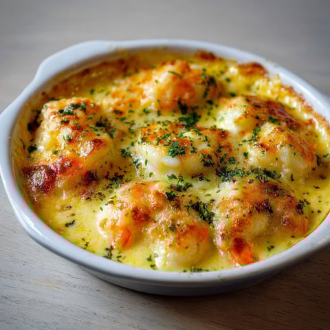 Un joli plat de gratin de langoustines nappées de crème au safran posé sur la table.