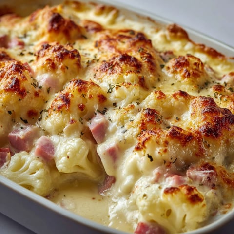 Dans un plat en verre, un gratin de chou-fleur avec jambon et béchamel bien fondant.