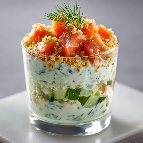 Un joli verre garni de saumon fumé, concombre frais et crème à l’aneth.