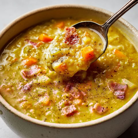 Une cuillère en argent plonge dans la soupe épaisse aux pois cassés et légumes campagnards.