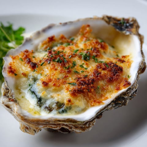 Assiette d’huîtres gratinées servies sur plateau.
