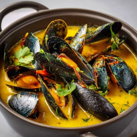 Une soupe de moules bien chaude, parfumée avec des moules entières, quelques herbes et des épices dorées.