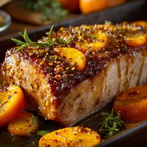 Un rôti de porc doré entouré de quartiers de clémentines et d’herbes fraîches.