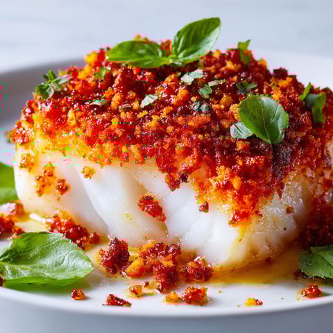 Un joli cabillaud en croûte chorizo appétissante posé sur une planche.