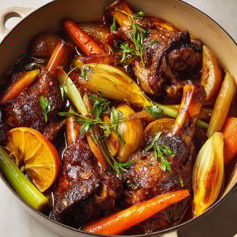 Assiette de jarrets d’agneau caramélisés au miel de sarrasin.