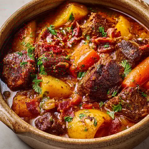 Bœuf mode, carottes et herbes dans un bol rustique, prêt à déguster.