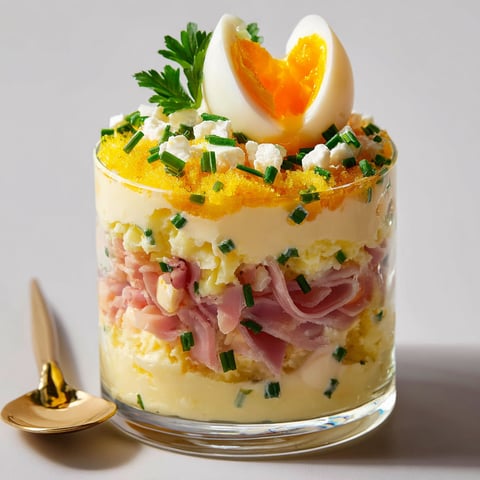 Une verrine salée avec œuf, jambon, herbes fraîches et légumes colorés.
