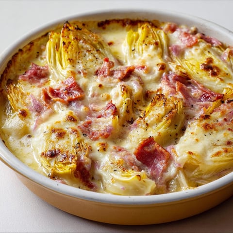 Un gratin d'endives et reblochon servi dans un joli bol en céramique.