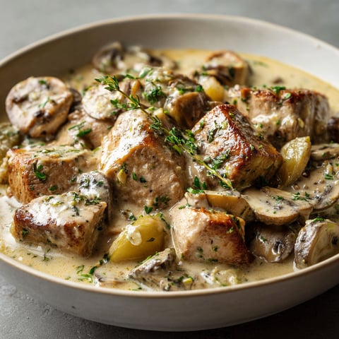 Un savoureux plat de blanquette au filet mignon de porc et champignons.