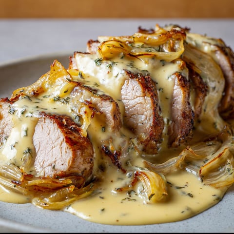 Filet mignon nappé d’une sauce crémeuse au reblochon avec des oignons confits à côté.