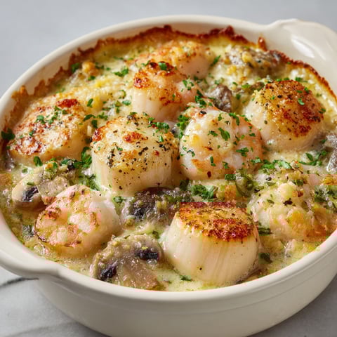 Un joli bol garni de Saint-Jacques et crevettes dans une sauce onctueuse.