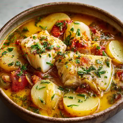 Un bol garni de cabillaud et légumes cuits façon bouillabaisse.