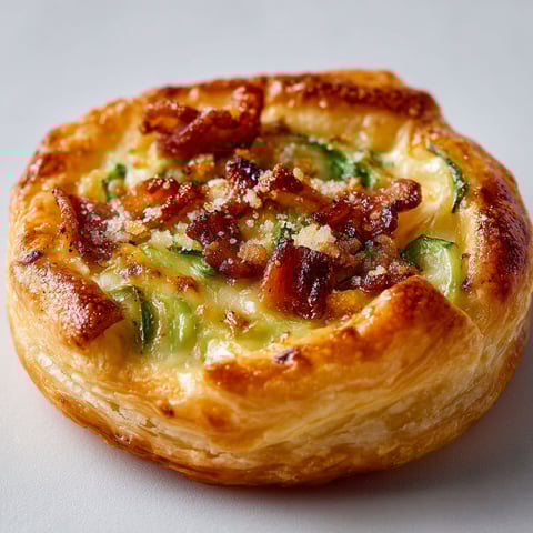 Une tartelette feuilletée pleine de poireaux, Comté et bacon, posée sur une nappe blanche.