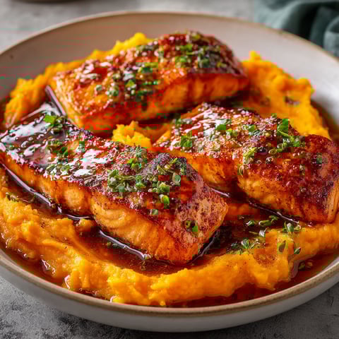 Assiette de saumon nappé de sirop d'érable et purée de patates douces à côté.
