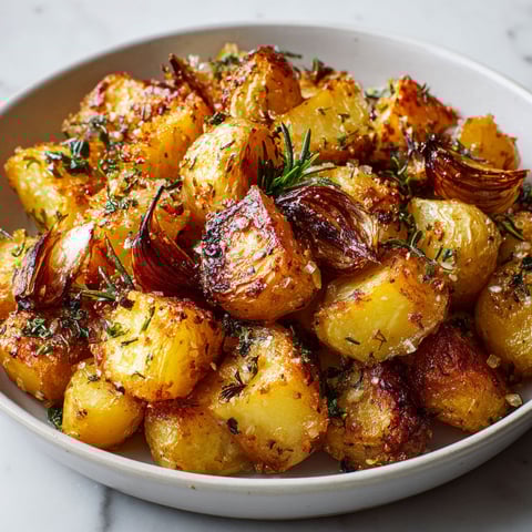 Une belle assiette de pommes de terre bien dorées, avec plein d’herbes et quelques légumes, servie sur une table en marbre.