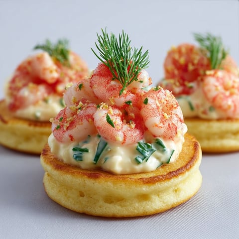 Blinis tendres avec crevettes roses et une sauce mayonnaise aneth maison, servis avec une touche d’herbes fraîches.