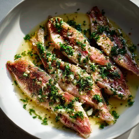 Des filets de rouget dorés avec ail et persil, servis sur une assiette claire.