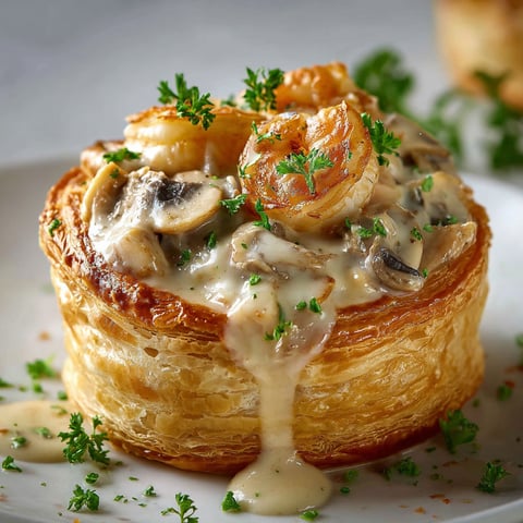 Une bouchée à la reine facile, façon grand-mère, servie sur un plateau avec des herbes fraîches.