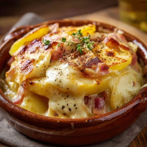 La tartiflette savoyarde tout juste sortie du four, dorée et gourmande.