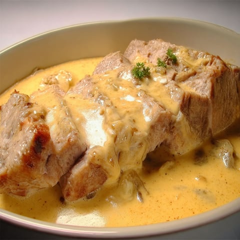 Belle tranche de rôti de porc au maroilles avec une sauce crémeuse et quelques herbes dessus.