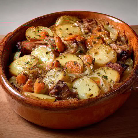 On découvre un baeckeoffe fumant dressé dans un bol rustique.