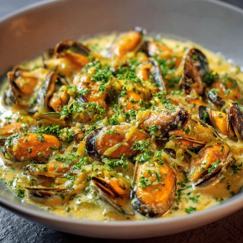 Dans un bol, la fricassée de moules et poireaux toute chaude est prête à savourer.