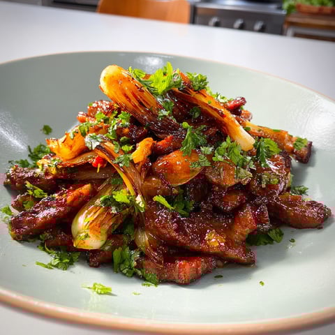 Un plat de wok échine de porc et endives, prêt à manger.