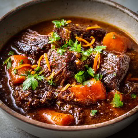 Un bol de boeuf carottes, sauce généreuse, trône sur une table prête à partager.