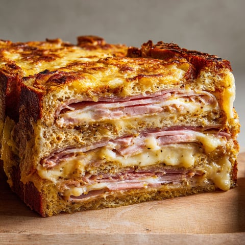 Un croque-cake doré présenté sur la table, prêt à être partagé.
