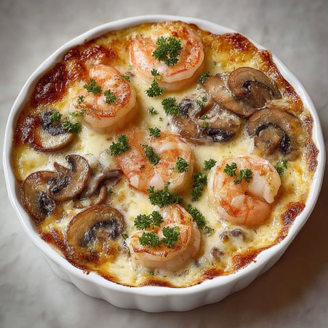 Un plat de crevettes et champignons gratinés, décoré d’herbes fraîches.