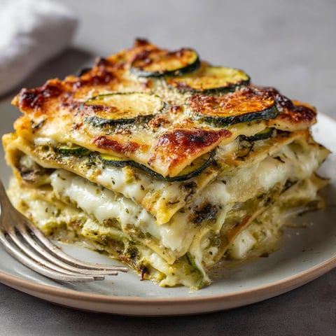 Un tas de lasagne courgette mozza sur une assiette.