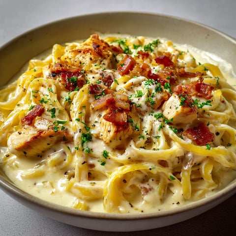Bol garni de Pâtes Crémeuses au Poulet façon italienne prêt à être dégusté.