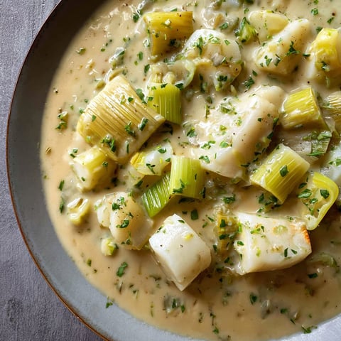 Une belle assiette de blanquette de poireau au poiré, garnie de légumes verts et de quelques herbes fraîches dessus.