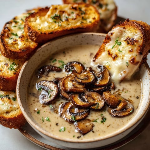 Bol de soupe aux champignons avec tartine aillée, réconfortant et super gourmand.