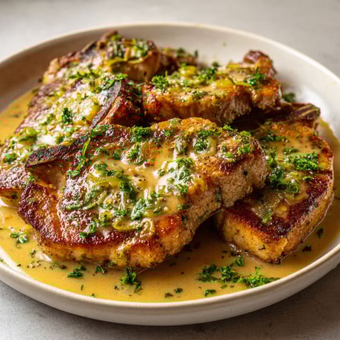 Une belle assiette de côtes de porc nappées de sauce charcutière.